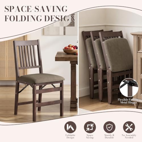 Wooden Folding Dining Chairs Set of 2 with Fabric Cushion, Pre‑Assembled