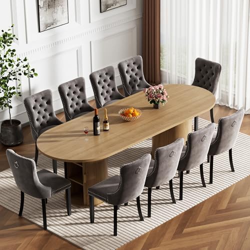 Oval Extendable Dining Table Set for 10, 11-Piece Extendable Kitchen Table Set with 10 Grey Upholstered Chairs, Modern 63"-94" Expandable Dining Room Table Set with Storage Fluted Base for Kitchen