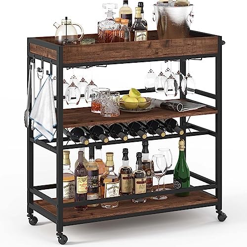 Rolling Bar Cart on Wheels for Home with Wine Rack, Glass Holder