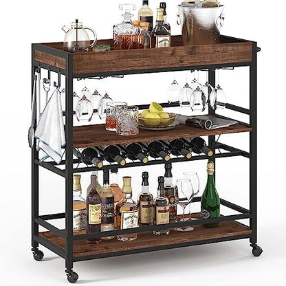 Rolling Bar Cart on Wheels for Home with Wine Rack, Glass Holder