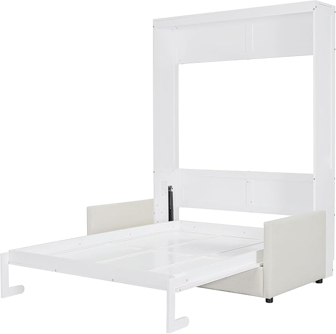 MERITLINE Full Murphy Bed with Couch,Wood Murphy Bed Cabinet with Sofa,Fold up Bed White Murphy Wall Bed Full Size