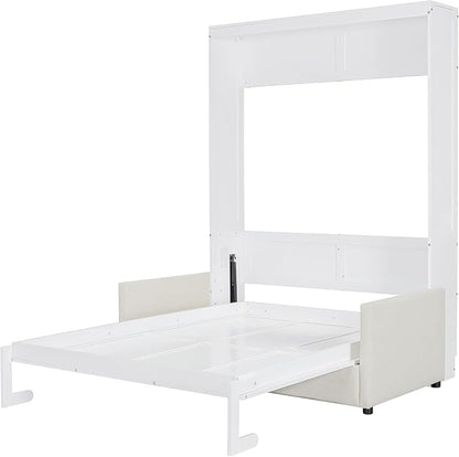 MERITLINE Full Murphy Bed with Couch,Wood Murphy Bed Cabinet with Sofa,Fold up Bed White Murphy Wall Bed Full Size