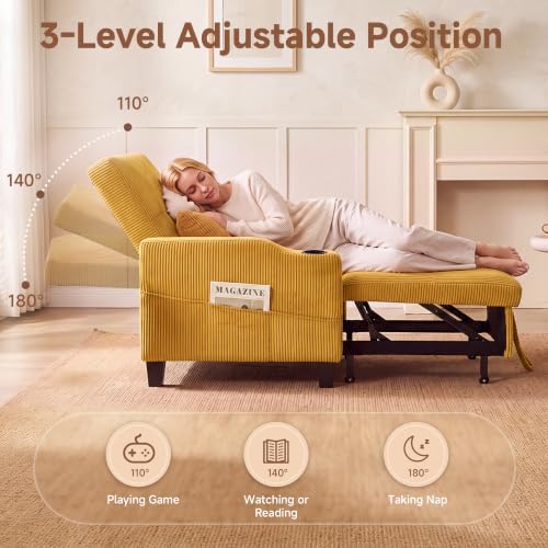 Corduroy Convertible Sleeper Chair, 3 in 1 Sleeper Chair Bed Pull Out Sofa Bed Chair, Single Sofa Bed Adjustable Backrest Chair Bed Sleeper for Adults Reading Living Room, Yellow