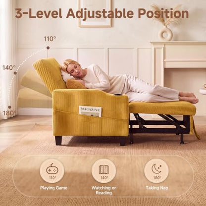 Corduroy Convertible Sleeper Chair, 3 in 1 Sleeper Chair Bed Pull Out Sofa Bed Chair, Single Sofa Bed Adjustable Backrest Chair Bed Sleeper for Adults Reading Living Room, Yellow