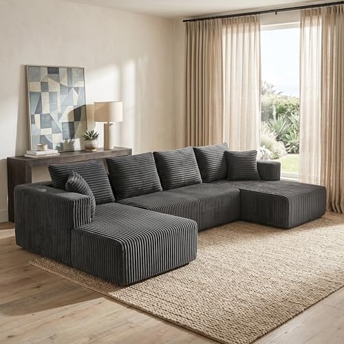132" Boneless Couches for Living Room, U Shaped Modular Sectional Corduroy Comfy Cloud Memory Foam Deep Seat Boneless Sofa, No Assembly Required Couch for Living Room with Double Chaise, Gray