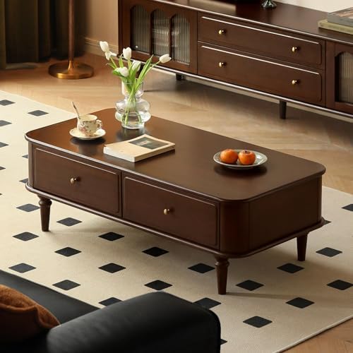 YESWOOD Solid Wood Coffee Table with Storage, 2 Drawer Center Table with Classic Column Legs, Retro Coffee Table with Vintage Detailings for Living Room, Home Office (Poplar Wood, Walnut Finish)