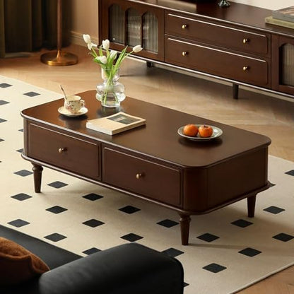 YESWOOD Solid Wood Coffee Table with Storage, 2 Drawer Center Table with Classic Column Legs, Retro Coffee Table with Vintage Detailings for Living Room, Home Office (Poplar Wood, Walnut Finish)