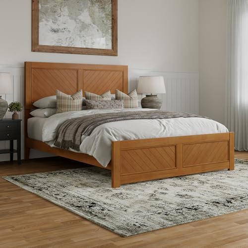 AFI, Berkshire Queen Solid Wood Low Profile Platform Bed with Matching Footboard, Light Toffee