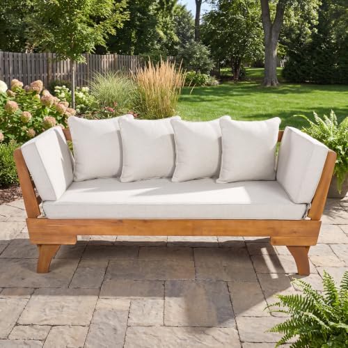 Merax Outdoor Patio Daybed Sofa,3-Seat Sofa with Foldable Arm 4 Back Pillows,Teak Acacia Wood Frame Beige Removable Cushion,Teak+ Beige