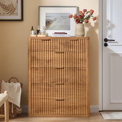 LEYAOYAO Fluted 6 Drawers Dresser for Bedroom, 42" Tall Modern Chest of Drawers with Metal Handle,Curved Profile Design,Wood Drawer Organizer for Bedroom, Living Room, Hallway, Brown