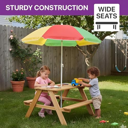 Plum® Wooden Kids Picnic Table - Outdoor Toddler Activity Table and Chair Set with Removable & Adjustable Umbrella, Built-in Bench, Backyard Furniture, Durable, Weatherproof, Easy to Clean, Ages 2+