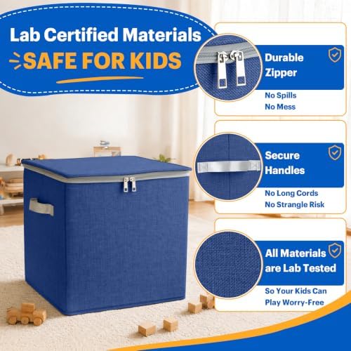 Toy Storage Organizer with Play Mat for Kids – 13" x 13" x 13" Storage Box, Stackable and Foldable Cubby Baskets for Playroom, Nursery Bins for Boys and Girls (Noble Blue)