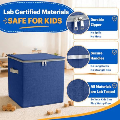 Toy Storage Organizer with Play Mat for Kids – 13" x 13" x 13" Storage Box, Stackable and Foldable Cubby Baskets for Playroom, Nursery Bins for Boys and Girls (Noble Blue)
