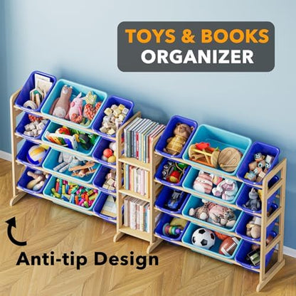 SpaceAid Large Toy Storage Organizer with 24 Bins and 3 Shelves, Toy Organizers Storage Bookshelf, Kids Bin Shelf Box Bookcase for Bedroom Playroom Organization Room Decor, Blue and Navy Blue
