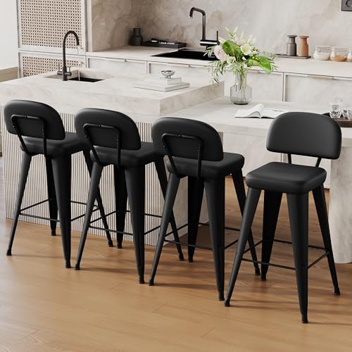 Aklaus PU Leather Metal Bar Stools 26 inch Faux Leather Counter Height Barstools Set of 4 Modern Farmhouse Bar Chairs with High Back and Faux Leather Seat for Kitchen Island Dining Room Matte Black