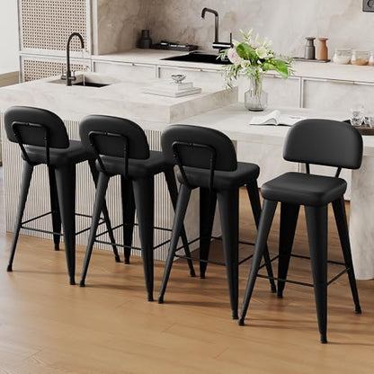 Aklaus PU Leather Metal Bar Stools 26 inch Faux Leather Counter Height Barstools Set of 4 Modern Farmhouse Bar Chairs with High Back and Faux Leather Seat for Kitchen Island Dining Room Matte Black