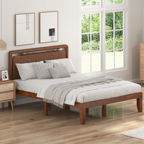 KOMFOTT 14 Inches Wood Platform Bed Frame Queen Size, Wooden Mattress Foundation with Rubber Wood Frame, Strong Wooden Slat Support, No Box Spring Needed, Bed Frame (Brown Cherry)