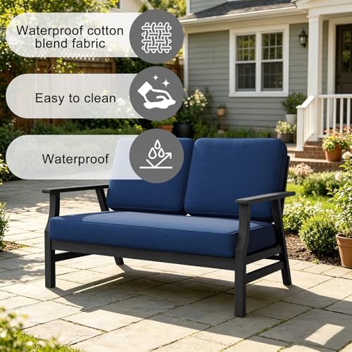 Pia Ricoo Outdoor Premium Teak Wood Loveseat with Armrests, All‑Weather Outdoor Furniture for Backyard, Deck, Lawn, Navy/Dark