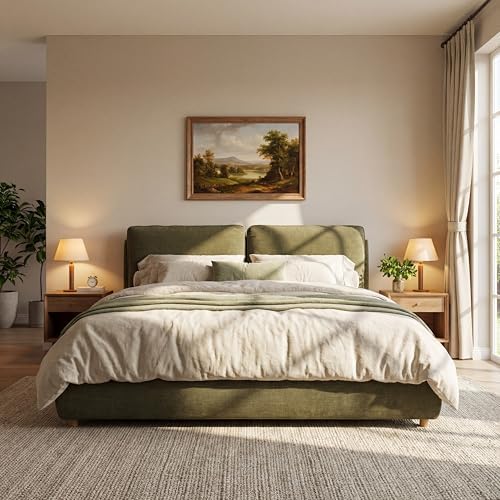 Merax California King Chenille Platform Bed with 2 Pillows, Olive Green