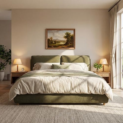 Merax California King Chenille Platform Bed with 2 Pillows, Olive Green