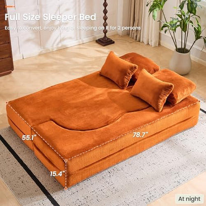 78” Convertible Sofa Bed, Full Size Sleeper Couch, Orange
