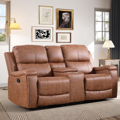 CANMOV Manual Reclining Loveseat with Console,Faux Leather Double Recliner Loveseat Sofa with Hidden Storage and Cup Holders,Manual Recliner Loveseat Couch Set for Living Room,Brown