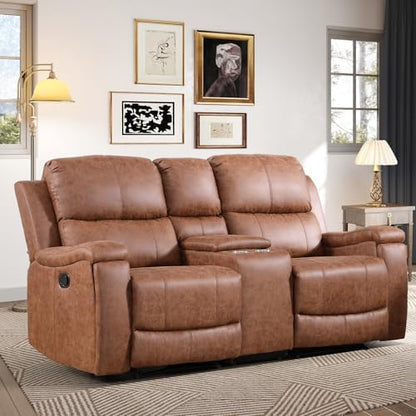 CANMOV Manual Reclining Loveseat with Console,Faux Leather Double Recliner Loveseat Sofa with Hidden Storage and Cup Holders,Manual Recliner Loveseat Couch Set for Living Room,Brown