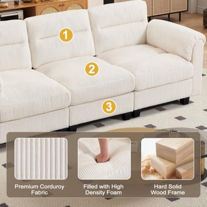 HAOMARKETS 115" Modular Sectional Sofa Couch with 3 Movable Ottoman, Oversized Corduroy L Shaped Couches with Rolled Arms, 10-Seater Corner Sofas with Reversible Chaises for Living Room, Beige