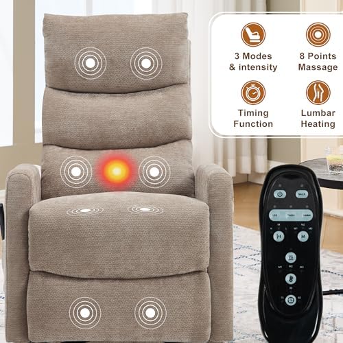 Luxlen Manual Swivel Rocker Recliner Chair with Vibration Massage, Overstuffed Glider Chair with Lumbar Heat for Nursery, Living Room Reclining Sofa Chair, Chenille Fabric Khaqi