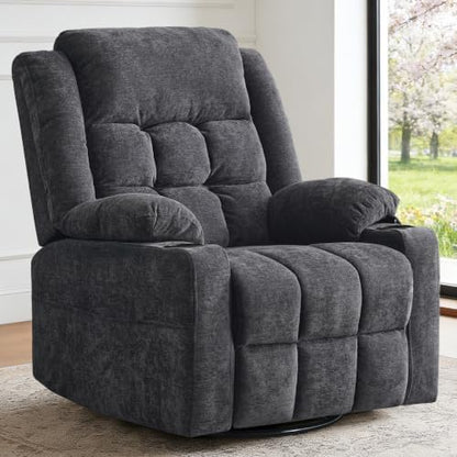 Power Swivel Rocker Recliner Chair with Massage and Heat for Adults,Electric Glider Reclining Single Sofa Chair for Living Room,USB & Type-C Charging Ports, Infinite Position,Dark Gary