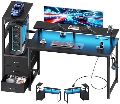 DUMOS 52" Gaming Desk with USB Charging Ports & LED Lights, Black
