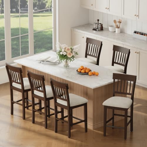 Wooden Bar Stools Set of 6, Counter Height Bar Stools, Modern Bar Stools, 25 Inch Upholstered Fabric Wood Barstools with Slat Back, Metal Footrest for Kitchen Island, Dining Room Bar