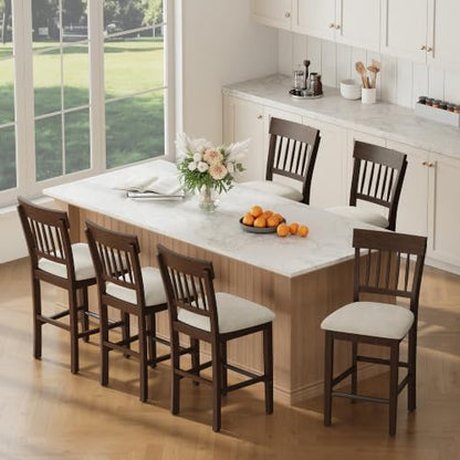 Wooden Bar Stools Set of 6, Counter Height Bar Stools, Modern Bar Stools, 25 Inch Upholstered Fabric Wood Barstools with Slat Back, Metal Footrest for Kitchen Island, Dining Room Bar