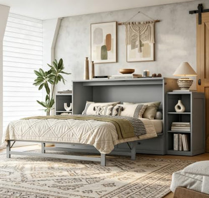 Bellemave Queen Murphy Bed, Cabinet Bed with 2 Shelves and Storage Drawers, Farmhouse Murphy Cabinet, Light Gray