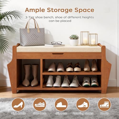 39.4in Shoe Bench with 2 Holder, 3 Tier Bamboo Entryway Bench with Storage