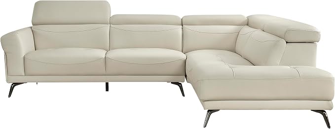 Lexicon L-Shaped Sectional Couch with Right Chaise, Top Grain Leather Match Sectional Sofa, Adjustable Headrests, Black Chrome Metal Legs, High-Density Cushions, Stitching, for Living Room, Beige