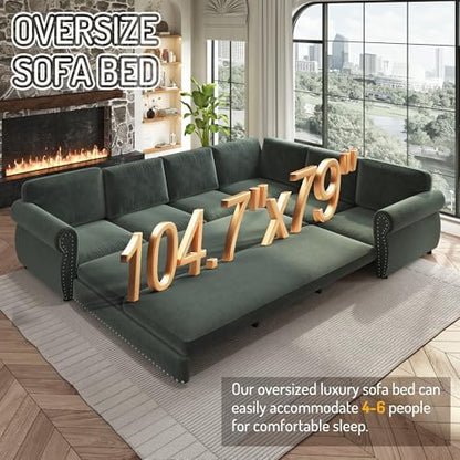 118" Chenille L-Shaped Pull-Out Couch Chesterfield Sleeper Sofa Bed, Green
