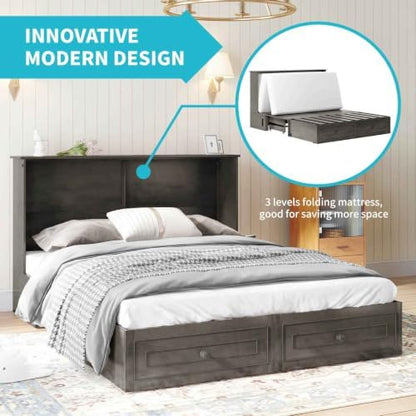CECER Queen Murphy Cabinet Bed without Mattress, Slate Grey