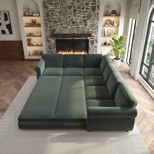118" Chenille L-Shaped Pull-Out Couch Chesterfield Sleeper Sofa Bed, Green