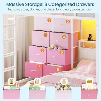 Bunk Bed Twin Over Twin with 8 Drawers and Storage Headboard, LED Lights