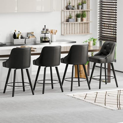 VINGLI 26" H Swivel Barstools Set of 1, PU Leather Upholstered Counter Stool with Back, Kitchen High Chairs Counter Height Bar Stools with Cushion, Solid Wood Legs, Black