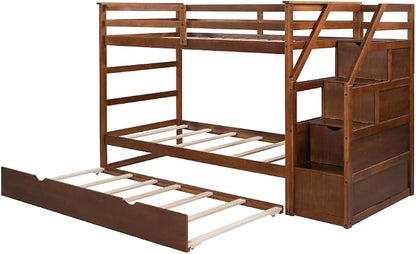 MERITLINE Twin Over Twin Bunk Beds with Trundle and Storage Box, Solid Wood Bunk Bed with Stairs and Storage Case for Teens Adults (Walnut + Solid Wood)