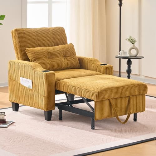 Corduroy Convertible Sleeper Chair, 3 in 1 Sleeper Chair Bed Pull Out Sofa Bed Chair, Single Sofa Bed Adjustable Backrest Chair Bed Sleeper for Adults Reading Living Room, Yellow