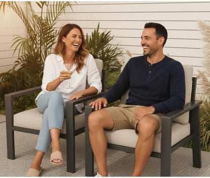 Outdoor Sofa Chair Aluminum Patio Couch Set of 2 All-Weather Patio Sofa Armchair Furniture Set Chairs with Beige Cushions