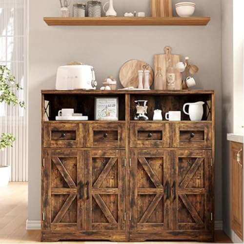 Brown Farmhouse Storage Cabinet with Doors and Drawers, Small Pantry Hutch