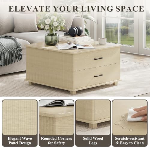 MALOL Storage Coffee Table with 2 Drawers & Flip-Top Lid with Hidden Storage, Modern Fluted Wood Coffee Table, Solid Wood Legs, Square Center Table for Living Room, Light Wood