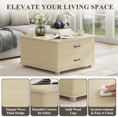 MALOL Storage Coffee Table with 2 Drawers & Flip-Top Lid with Hidden Storage, Modern Fluted Wood Coffee Table, Solid Wood Legs, Square Center Table for Living Room, Light Wood