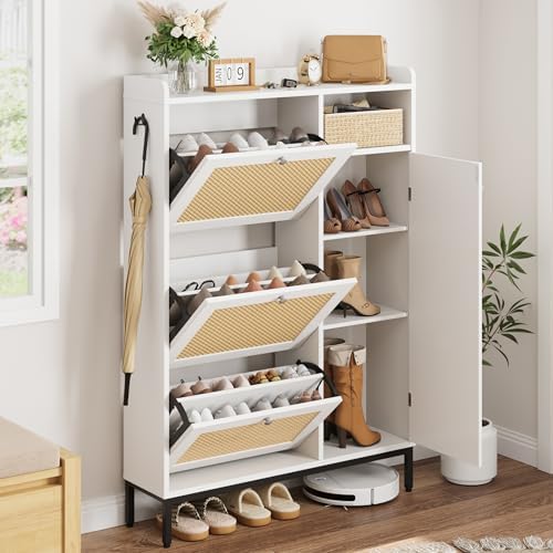 GarveeHome Shoe Cabinet Rattan with 3 Flip Drawers