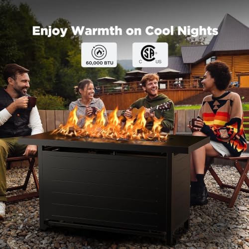 Ciays 43″ Fire Pit Table with Glass Beads & Lid, CSA-Certified Gas Fire Pit with Cup Holders, Hanging Shelf & Nylon Cover, Large Outdoor Fire Pit for Patio/Porch/Deck, 60,000 BTU Heat Output, CIFPT9B