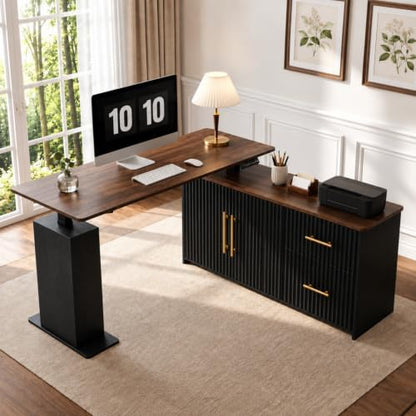 NORTHSKY 55" L-Shaped Electric Standing Desk with Drawers and Storage Cabinet, Height Adjustable Corner Desk for Home Office, 3 Memory Presets (Dark Walnut & Black, Right Cabinet)